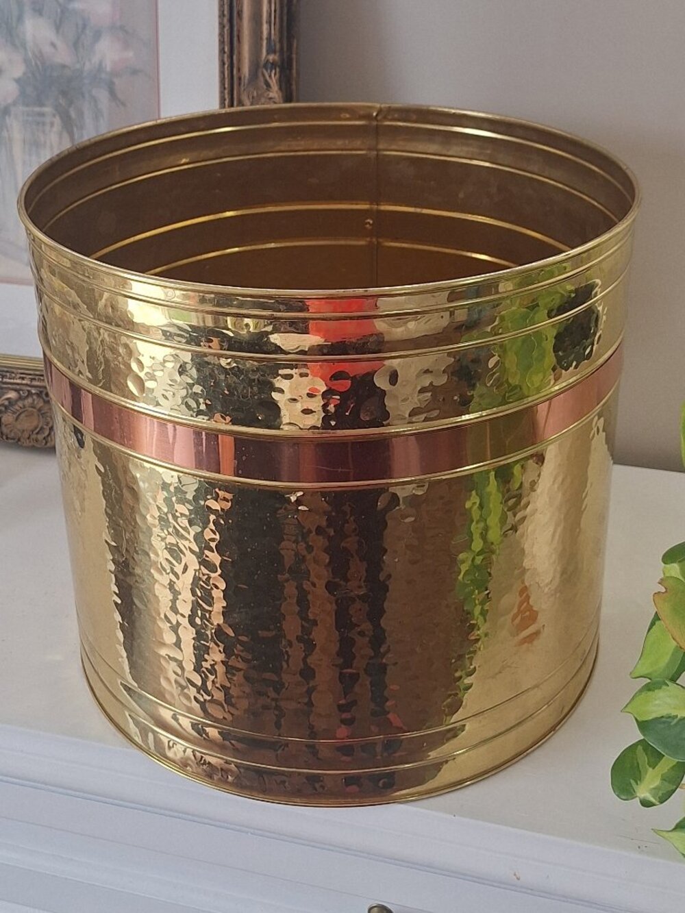 HUGE Floor Brass copper planter Vintage plant pot hammered 14" extra large